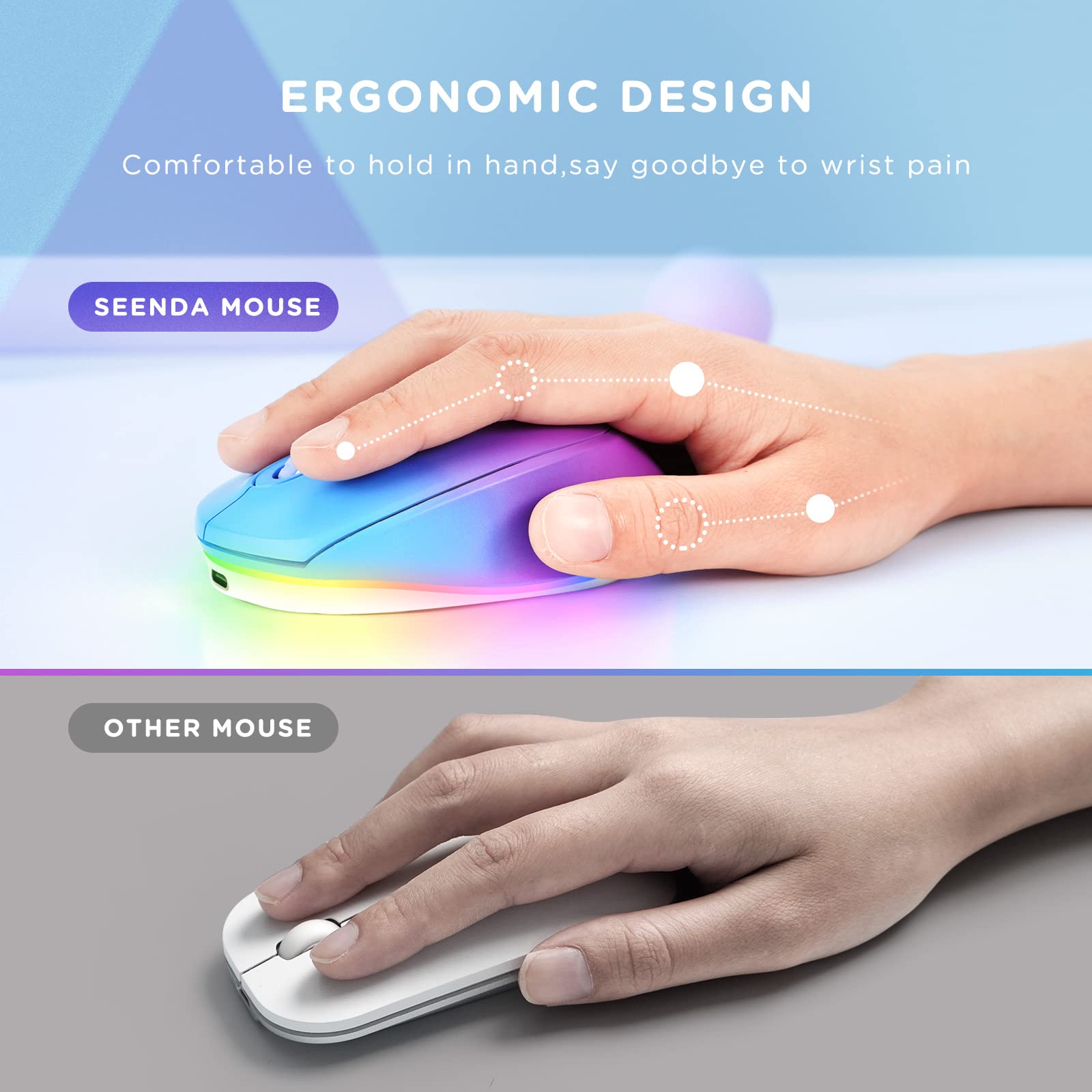 Seenda Wireless Mouse, Rechargeable Light Up Mouse For Laptop, Small Cordless Mice With Quiet Click Led Rainbow Lights For Pc Computer Chromebook Windows Mac, Blue &Purple